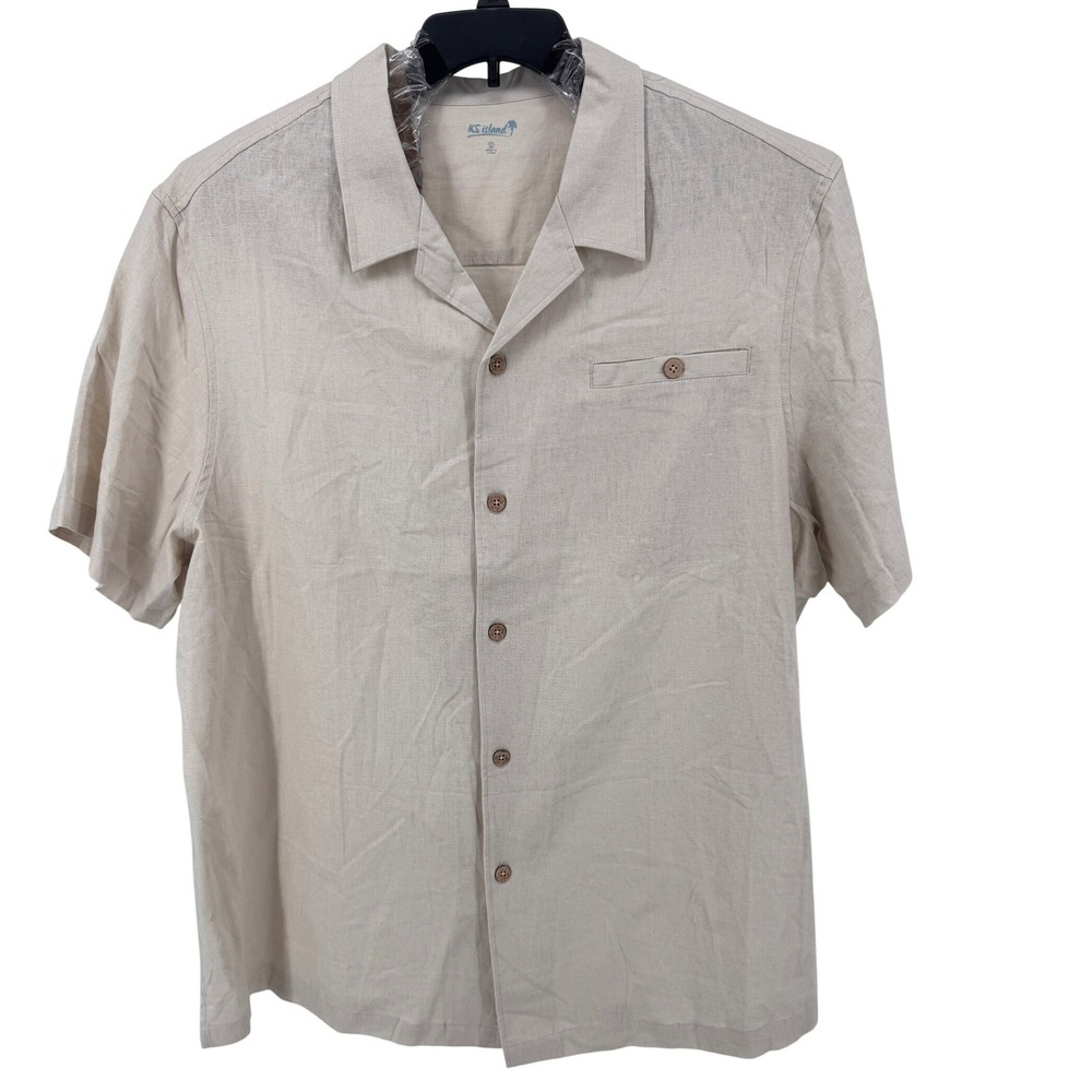 KS Island Shirt ‎ Mens Big & Tall 2XL Linen Blend Short Sleeve Camp Shirt Beige
